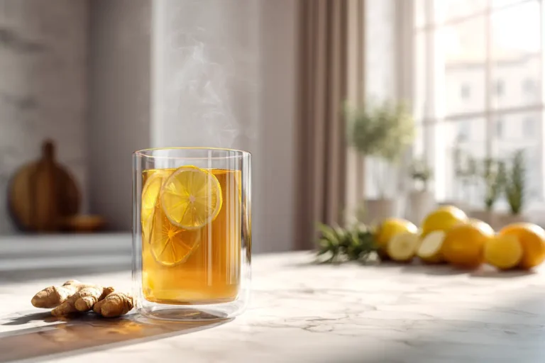 Ein Glas Ingwer-Zimt-Zitronen-Getränk auf Holztisch mit frischem Ingwer und Zimt