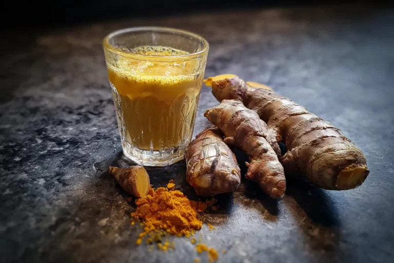 Ingwer Kurkuma Shot Rezept im Glas mit frischen Zutaten