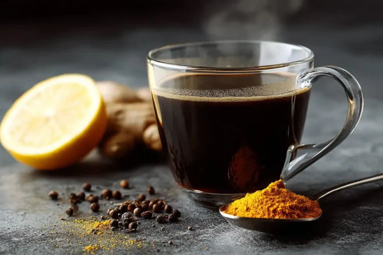Close-up of a freshly brewed Japanischer Kaffee Trick mit Zitrone und Zimt zur Stoffwechselaktivierung cup with lemon juice, cinnamon, and coconut oil, showing a rich crema and warm, golden tones.
