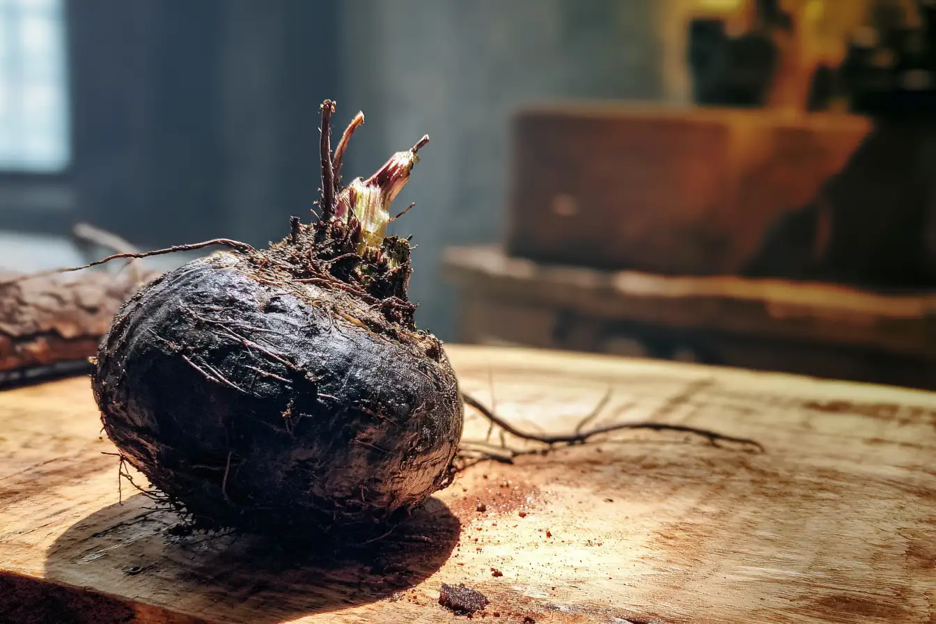 Schwarzer Rettich Rezepte – frischer schwarzer Rettich auf Holztisch