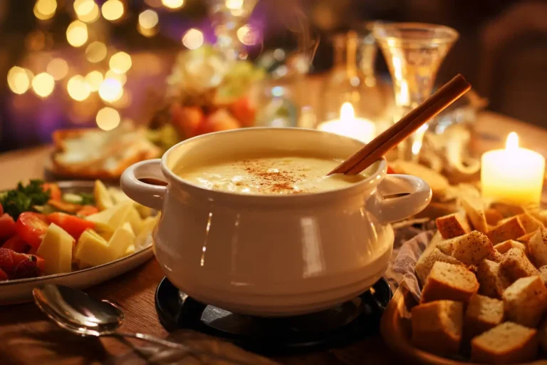 Veganes Käsefondue mit Zimt serviert auf festlichem Wintertisch