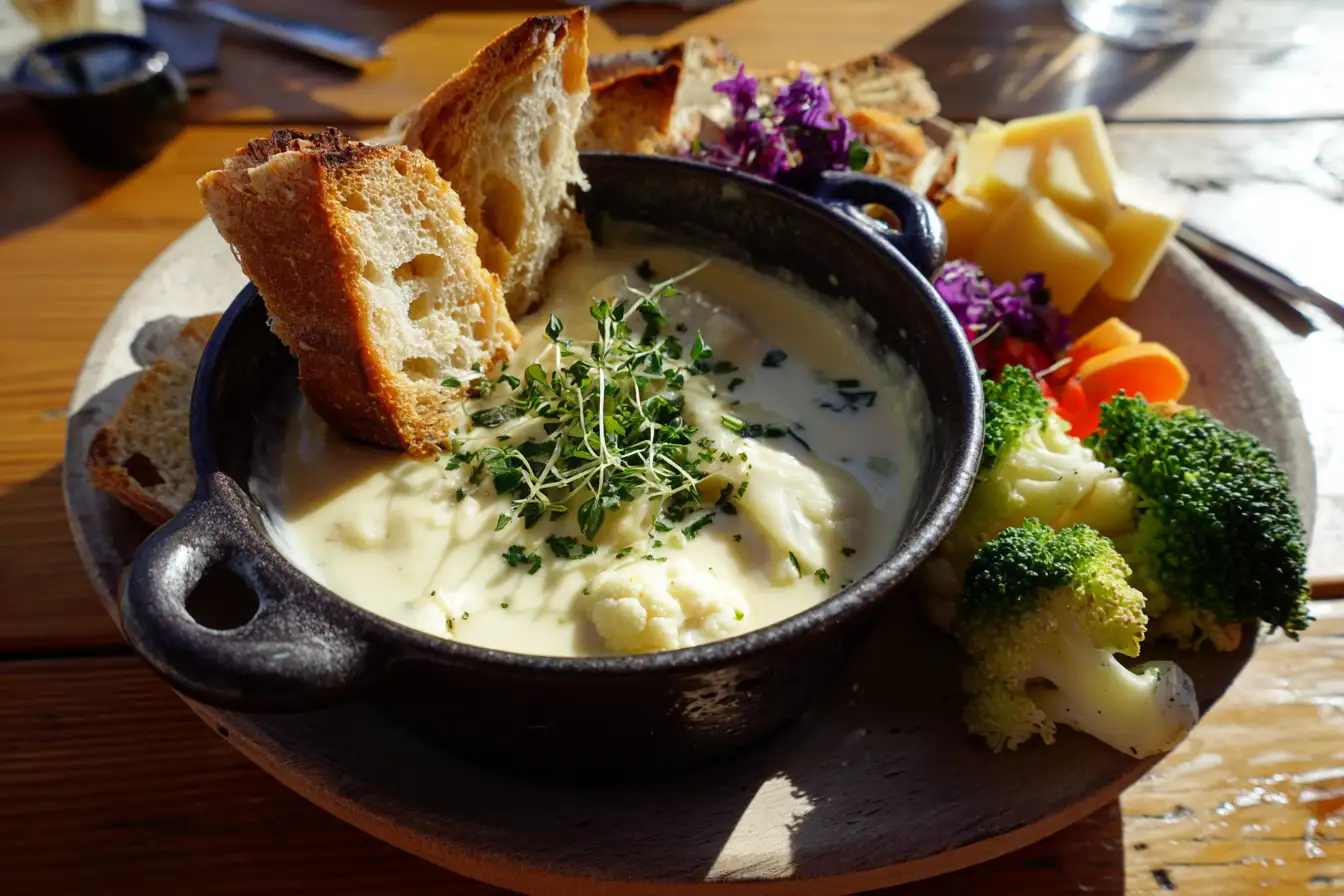 Vegan Fondue Blumenkohl in rustikalem Topf mit Brot und Gemüse