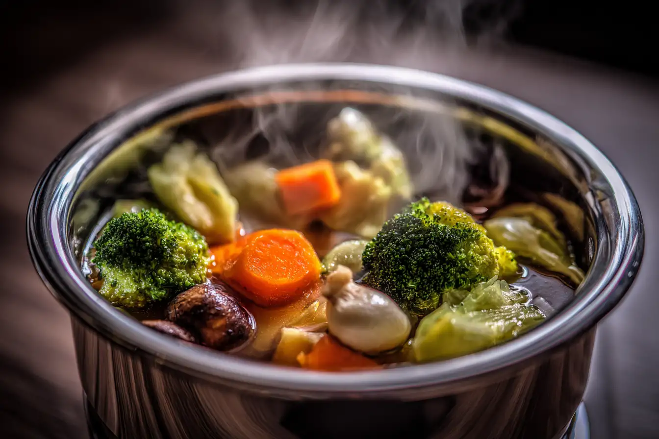 Veganes Fondue mit Brühe im Fondue-Topf mit Gemüse