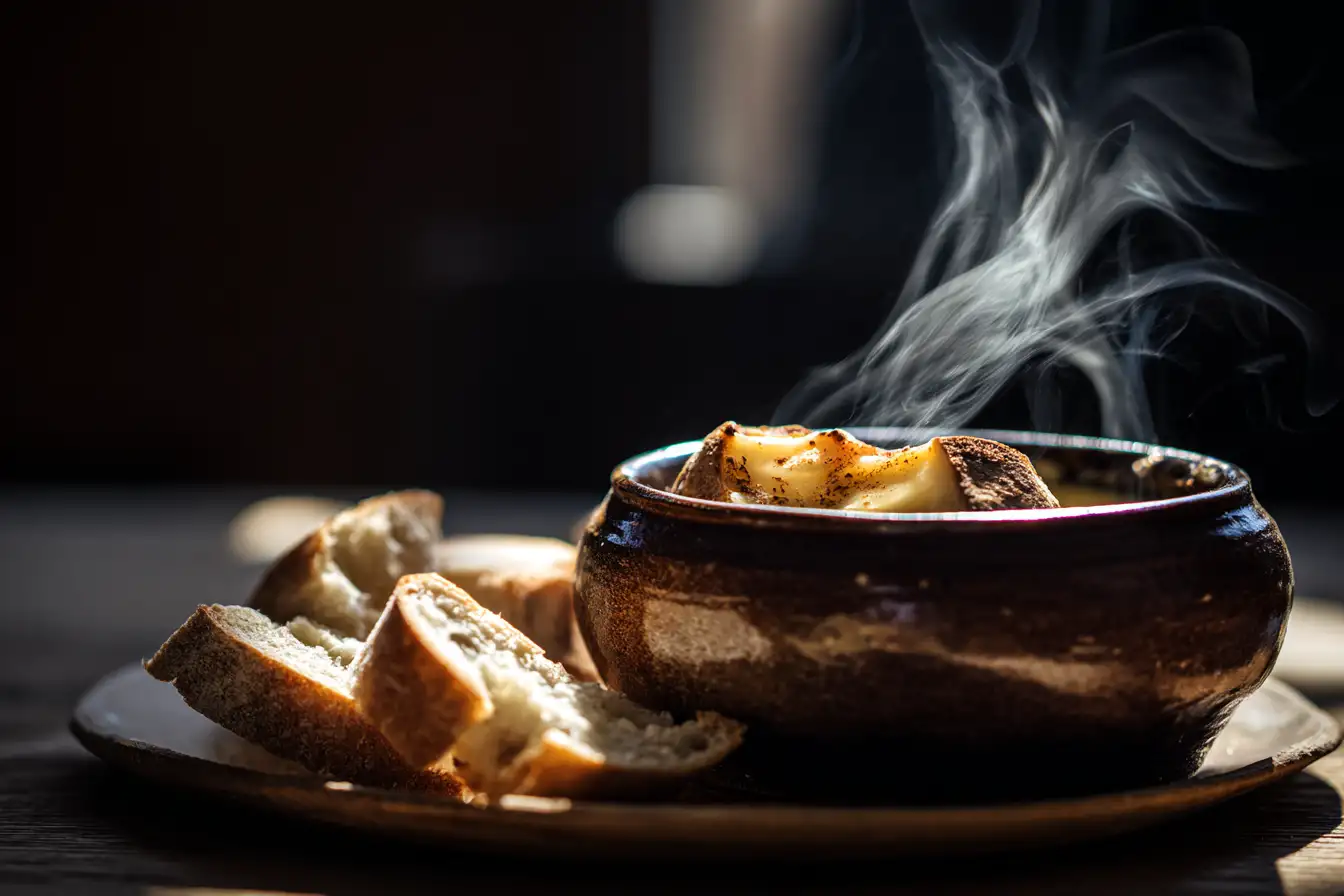 Veganes Käsefondue-Rezept mit Zimt serviert in Keramikschale
