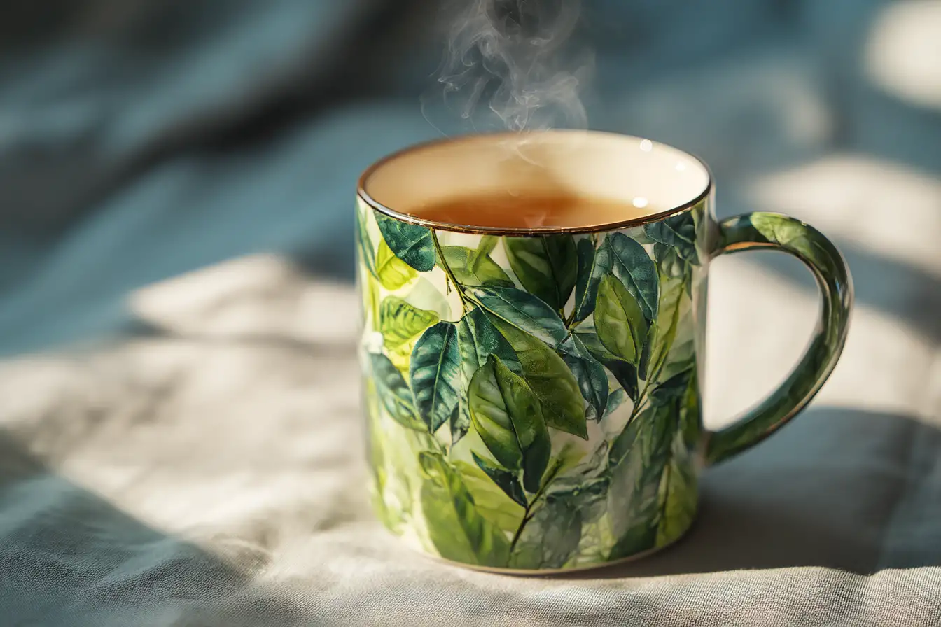 Camellia sinensis Tee in Teetasse mit frischen Blättern