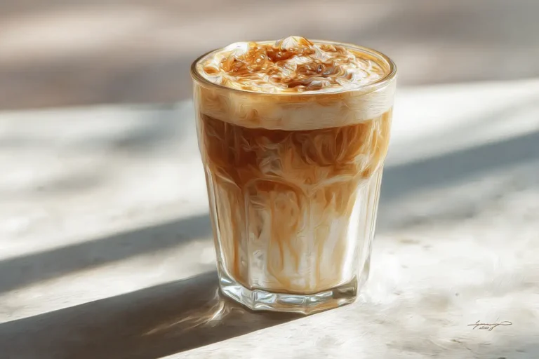 Camellia sinensis Iced Latte mit Milchwirbeln im Glas