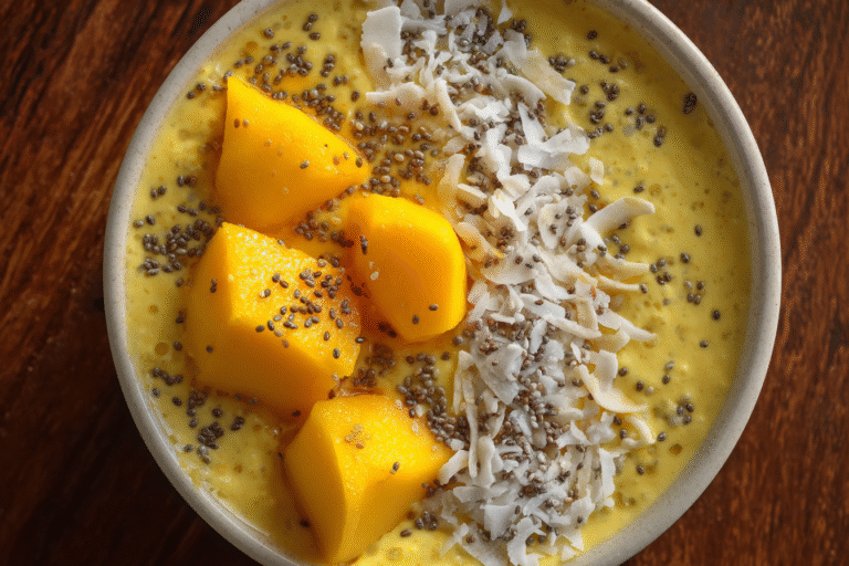 raffaello-mango porridge zum abnehmen mit kokos und mango
