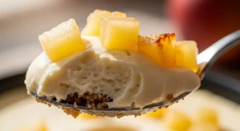 Cremige Textur vom japanischen Fake Cheesecake mit Apfel und Joghurt